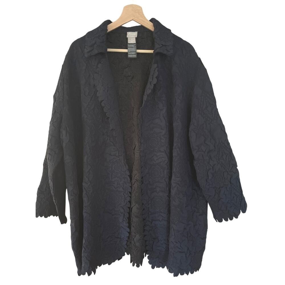 Chico’s Travelers Open Cardigan Jacket 3‎ Navy Blue Textured Floral Print